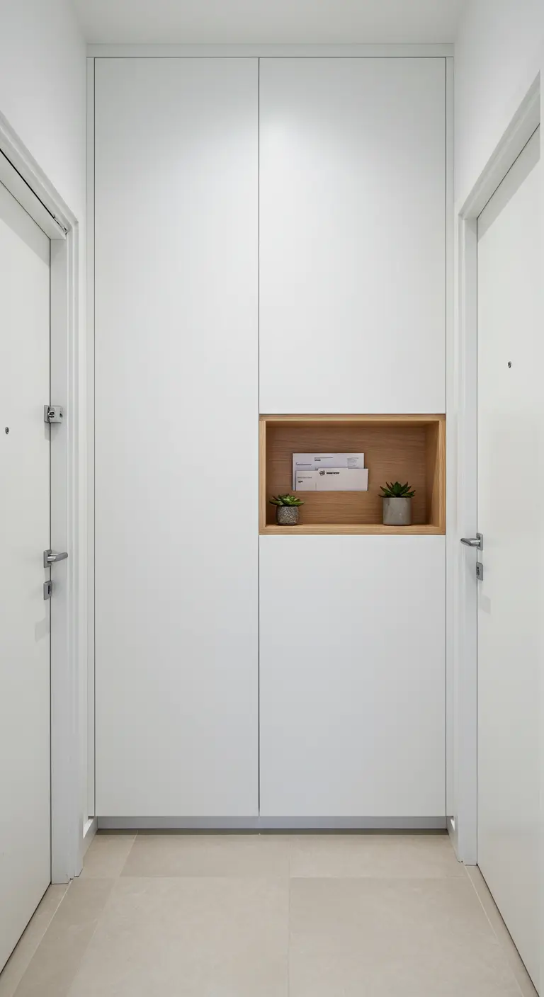 Armario blanco de suelo a techo en un pasillo estrecho con un nicho de madera integrado.