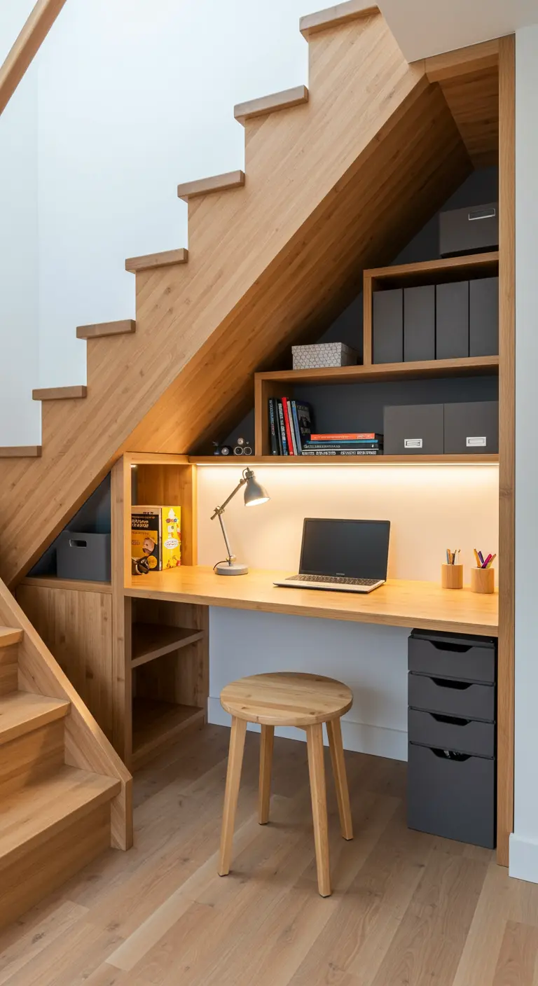 Oficina compacta y funcional integrada bajo una escalera de madera con iluminación LED.