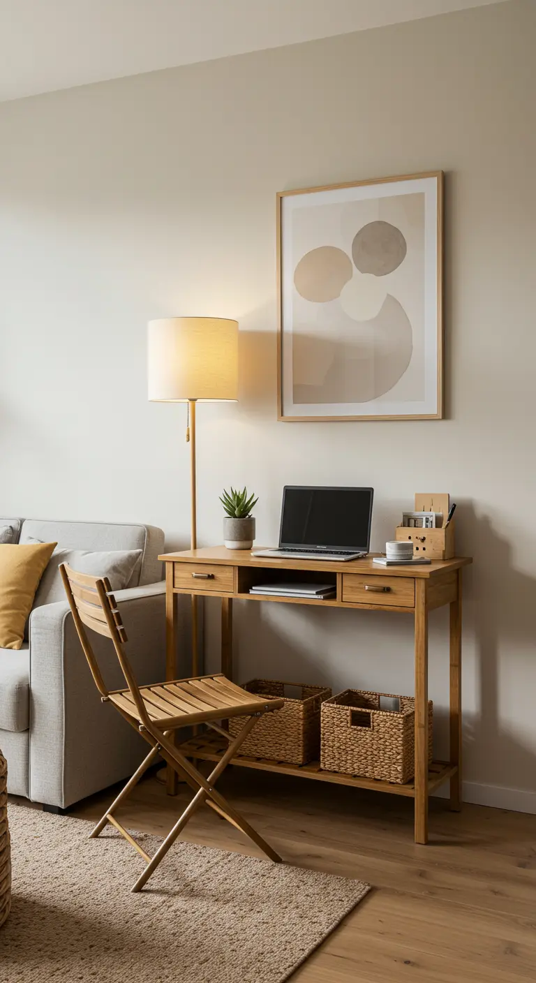 Escritorio de madera con silla plegable en una sala de estar multifuncional.