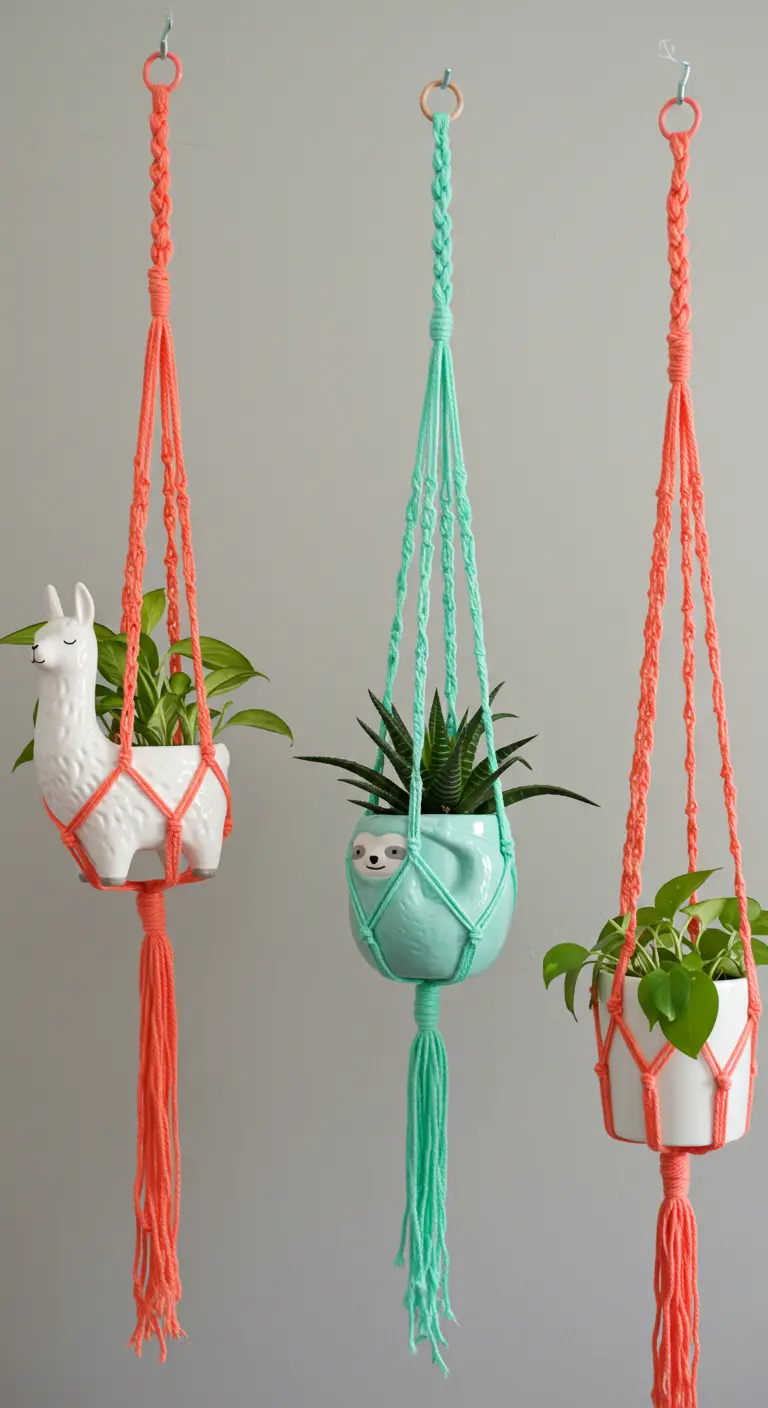 Tres macetas colgantes con formas de llama y perezoso, suspendidas con macramé de colores coral y menta