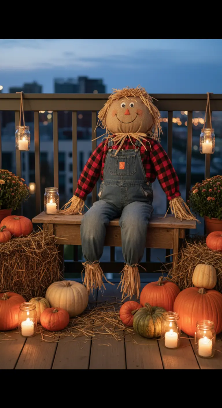 Balcón otoñal con un espantapájaros, calabazas, paja y velas en frascos.