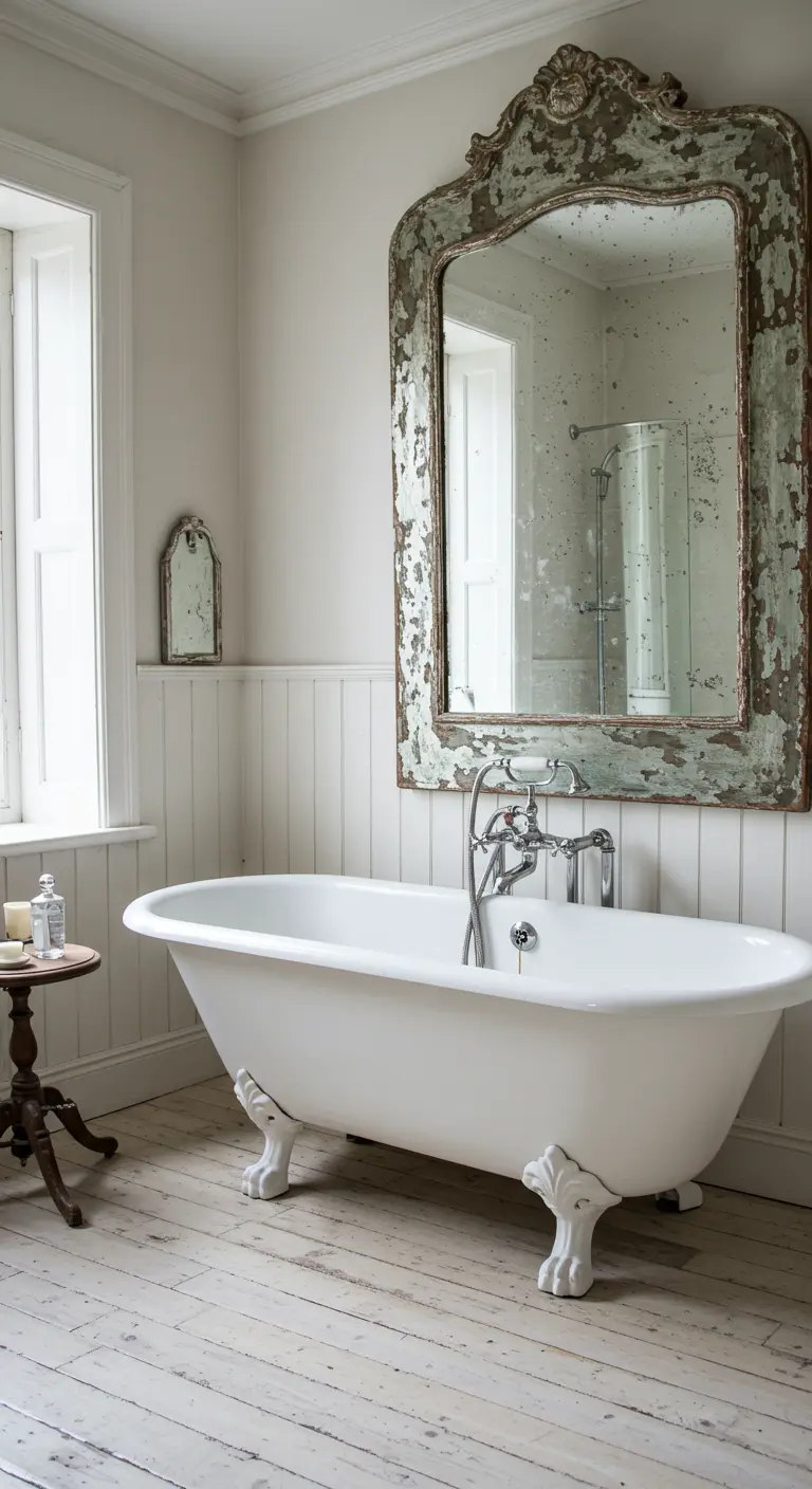 Baño vintage con bañera con patas y un gran espejo con marco envejecido y ornamentado.