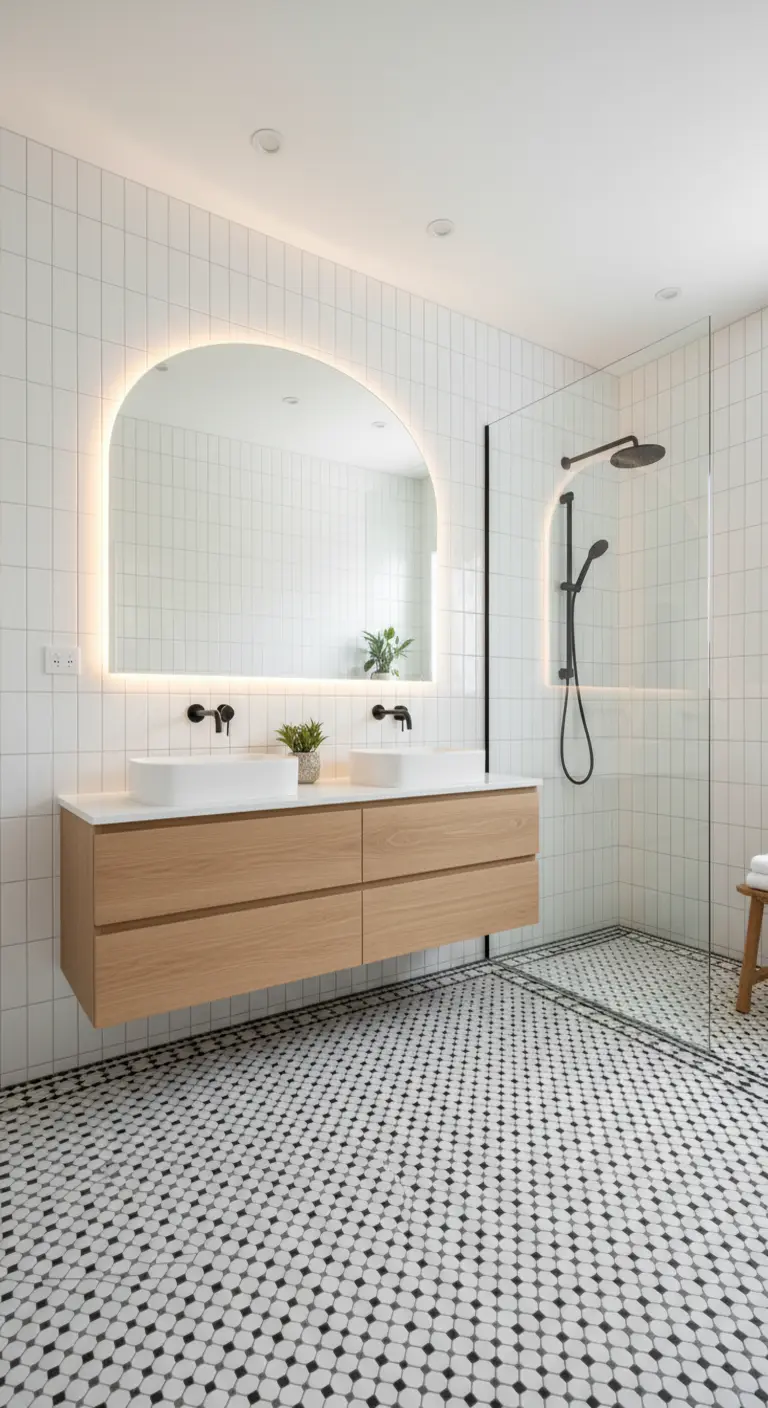 Baño moderno con azulejos blancos, espejo de arco retroiluminado y mueble de madera