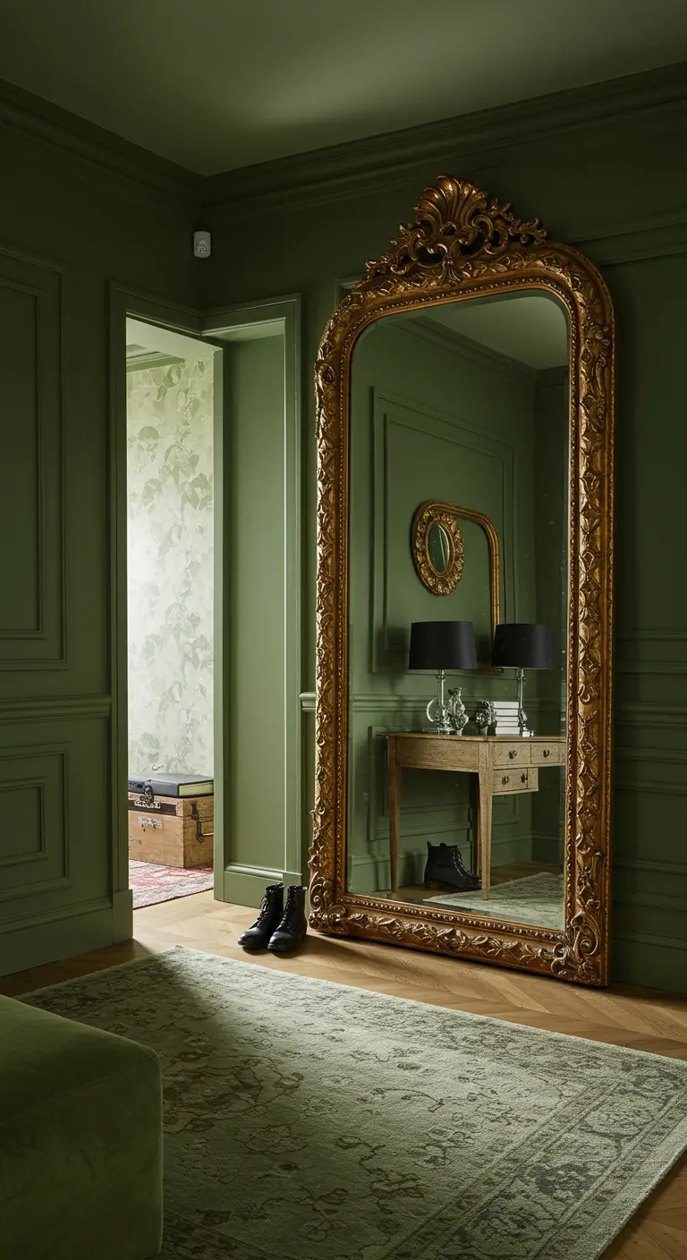 Gran espejo de suelo dorado apoyado en una pared verde olivo.