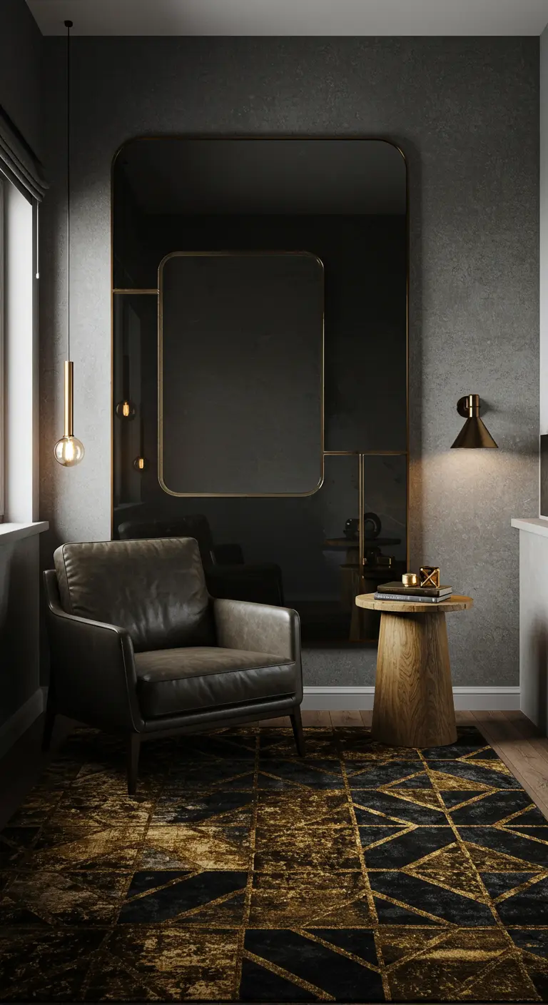 Rincón de balcón oscuro con un espejo tintado y diseño de líneas doradas.