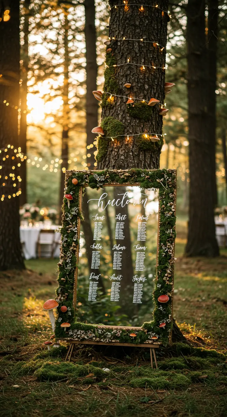 Espejo apoyado en un árbol en el bosque, con el marco cubierto de musgo y setas.
