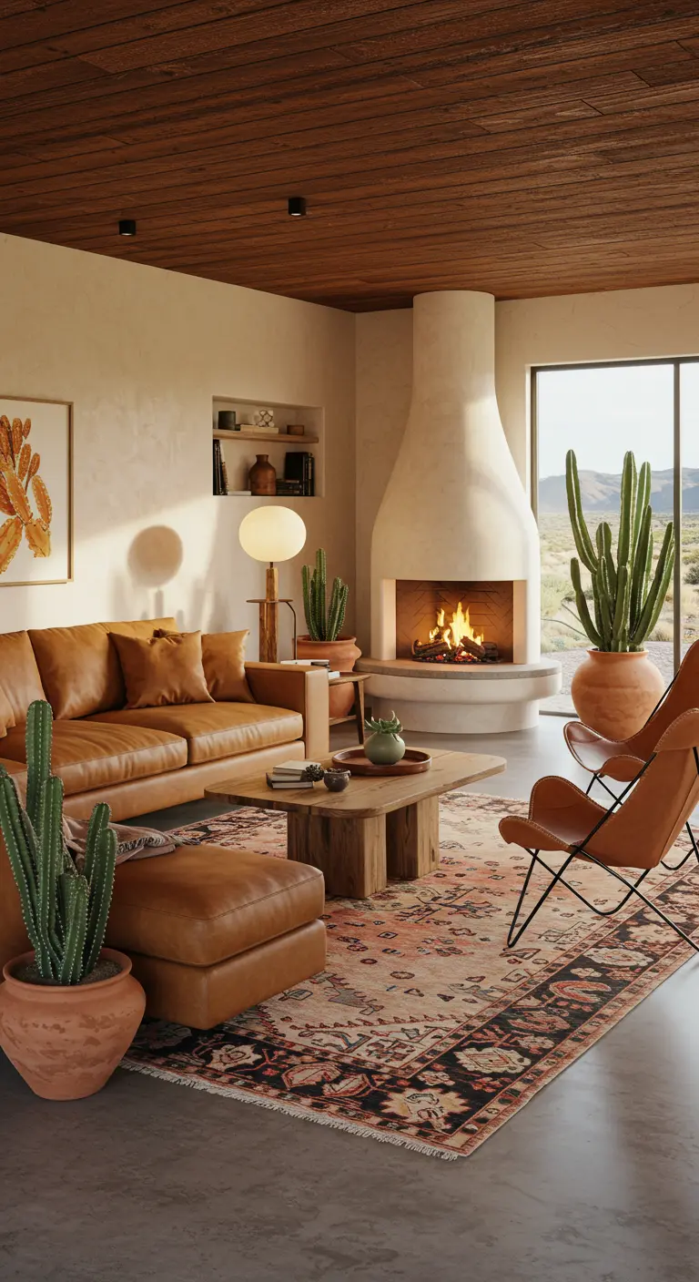 Sala boho inspirada en el desierto con sofá de cuero, cactus y chimenea de estuco.