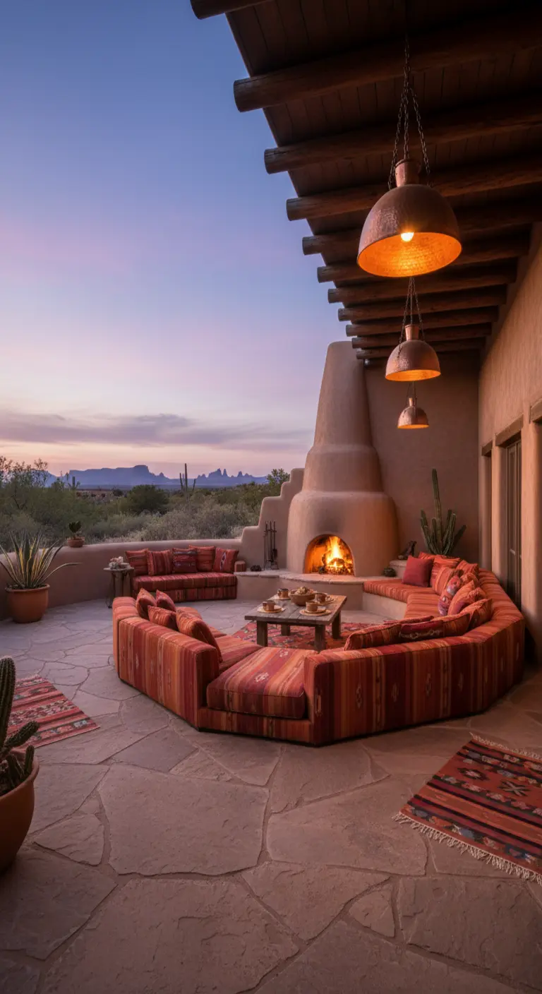 Patio de estilo suroeste con chimenea de adobe, sofá de obra con textiles navajos y lámparas de cerámica