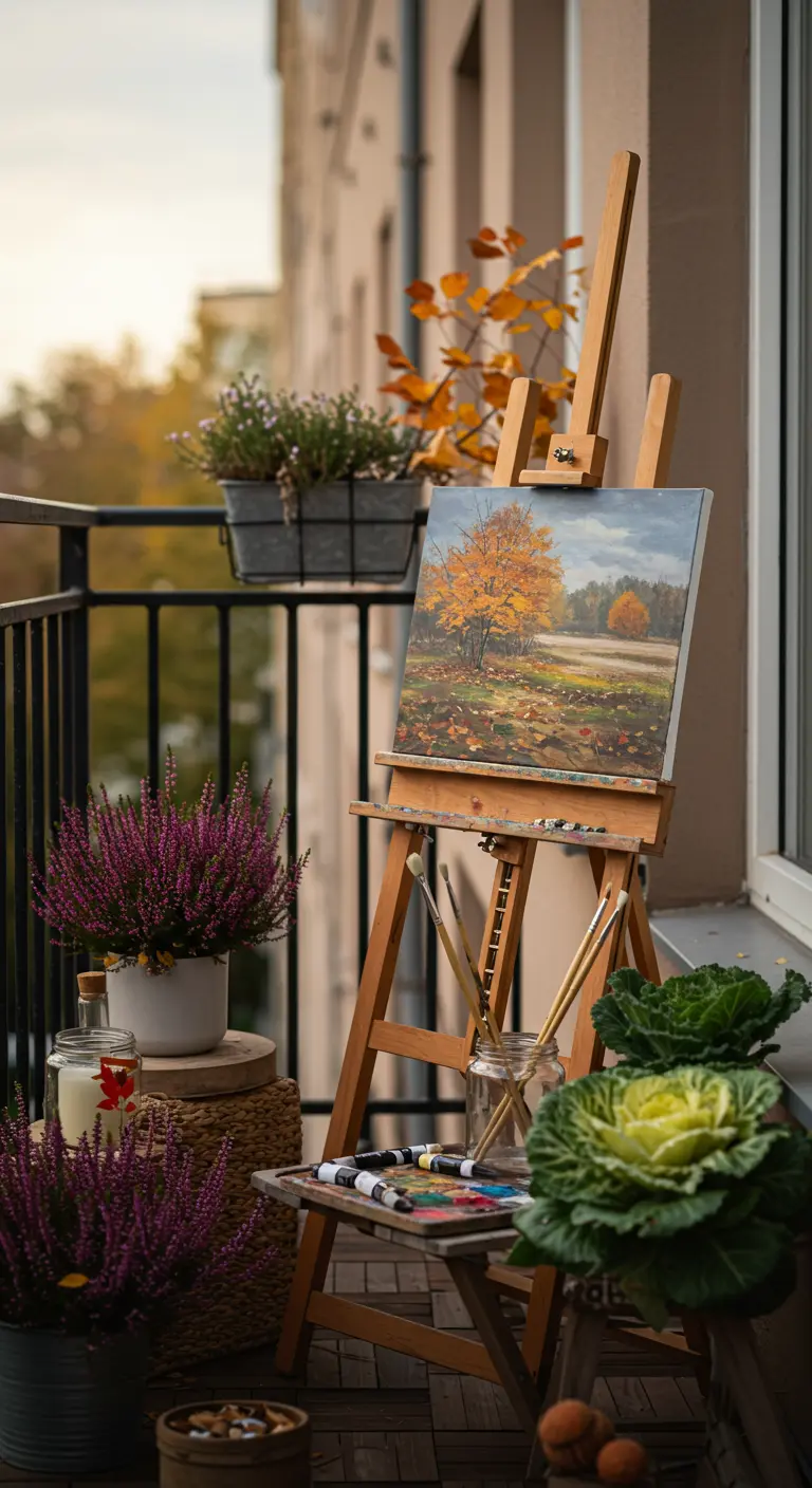 Un caballete con un lienzo de un paisaje otoñal en un balcón decorado con brezo.