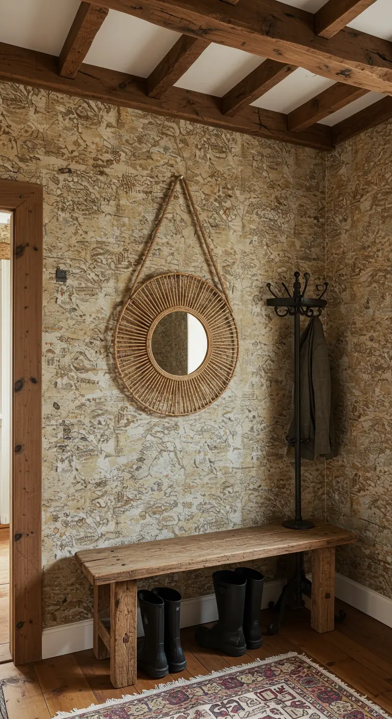 Recibidor rústico con papel tapiz de mapa antiguo, banco de madera y espejo de ratán colgante.