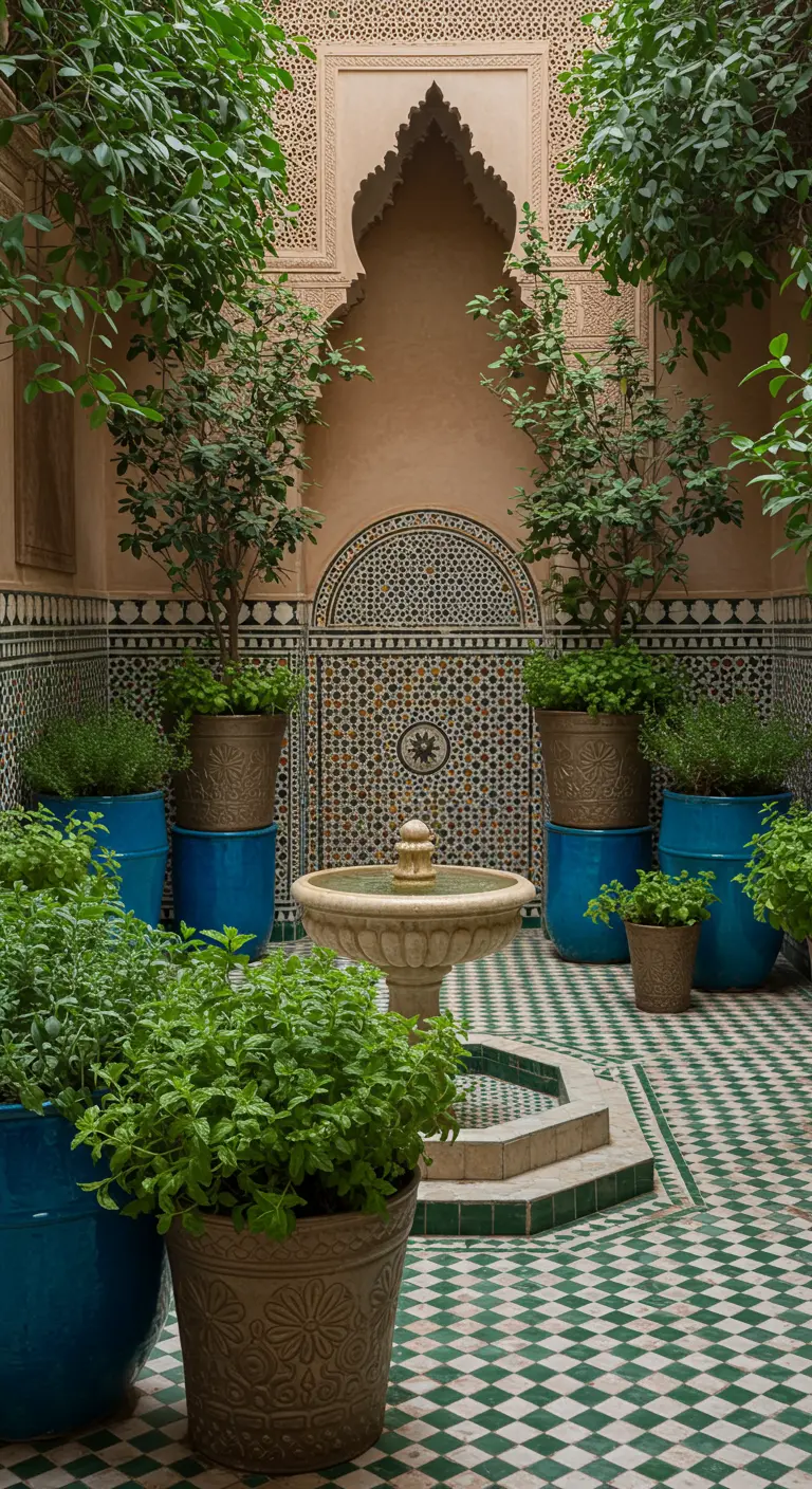 Patio interior de estilo marroquí con una fuente, paredes de mosaico y macetas azules con menta.