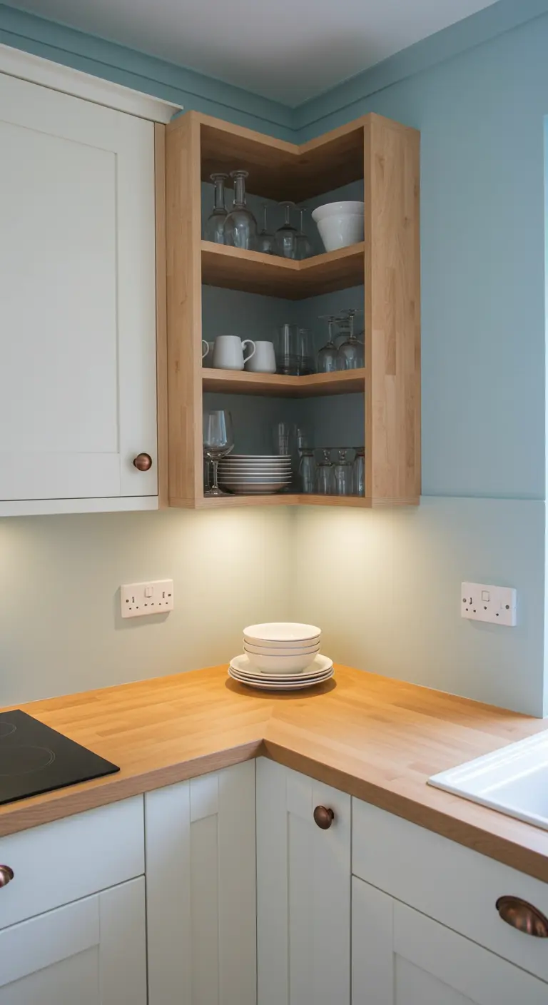 Gabinete de esquina de madera de roble abierto con vajilla y copas, iluminado desde abajo