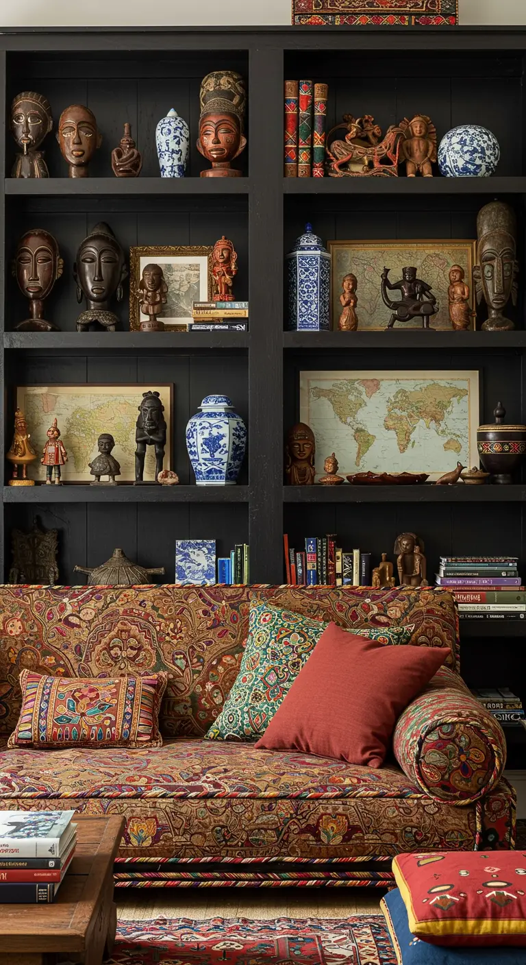 Estanterías oscuras llenas de artefactos y recuerdos de viajes de todo el mundo.