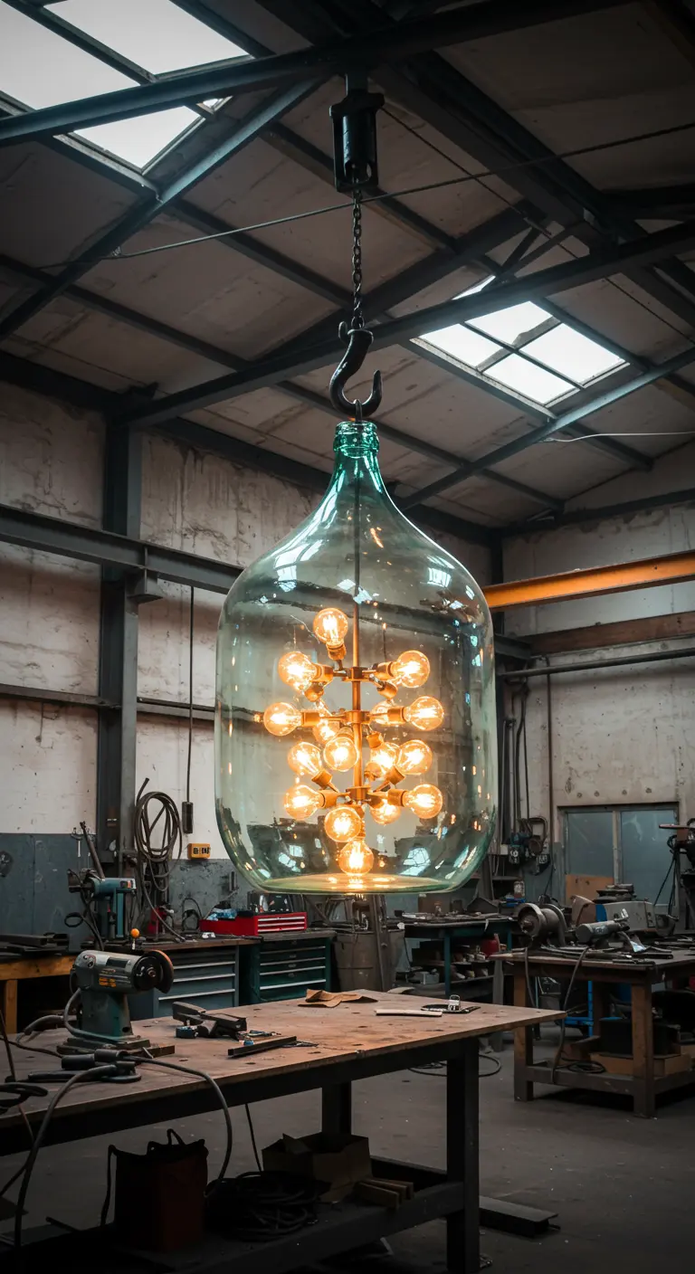 Lámpara colgante gigante hecha con una damajuana de vidrio y múltiples bombillas en su interior.
