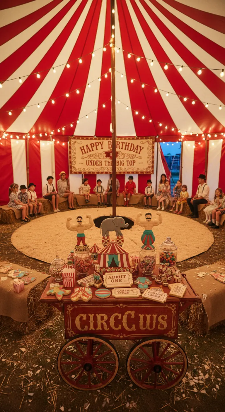 Fiesta de circo vintage bajo una carpa, con un carrito de dulces y galletas temáticas.