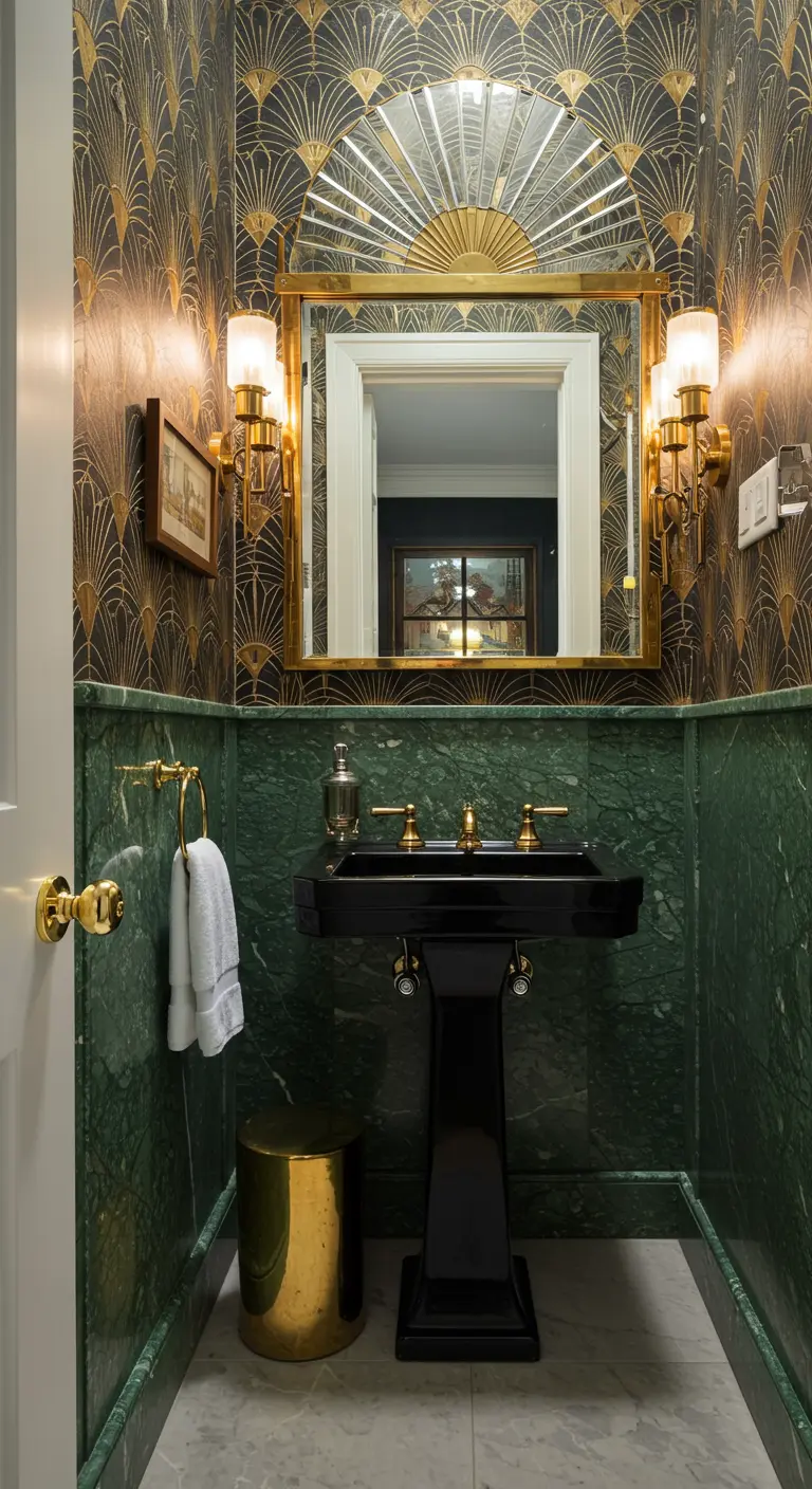 Baño de cortesía Art Decó con zócalo de mármol verde, papel pintado y grifería dorada.