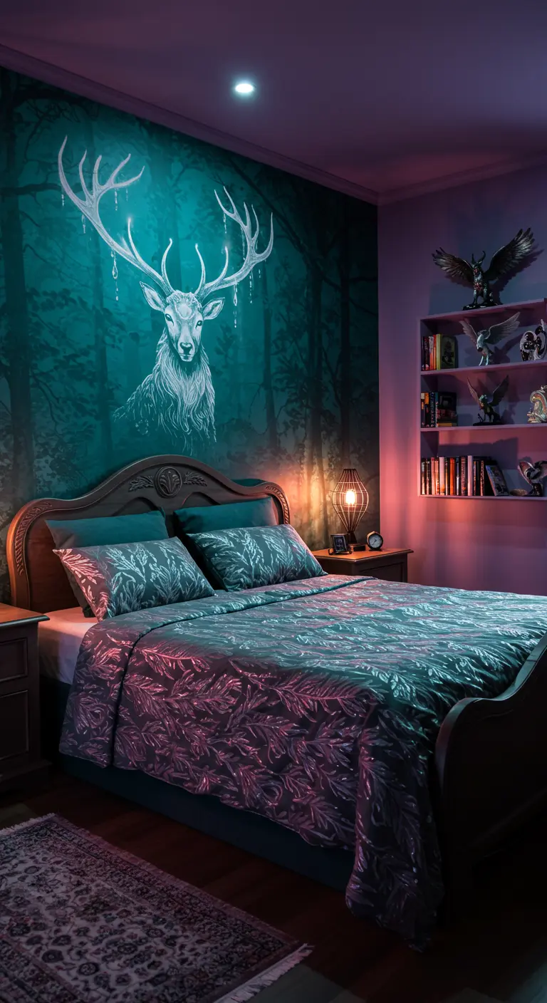 Dormitorio oscuro con un mural de un ciervo brillante en una pared de color turquesa.
