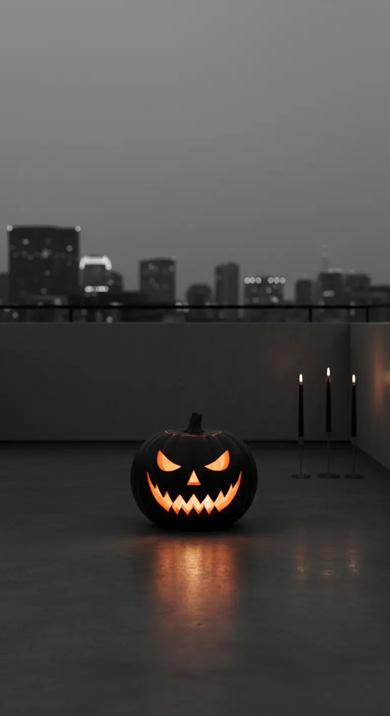 Una única calabaza negra con cara terrorífica iluminada en una azotea oscura.