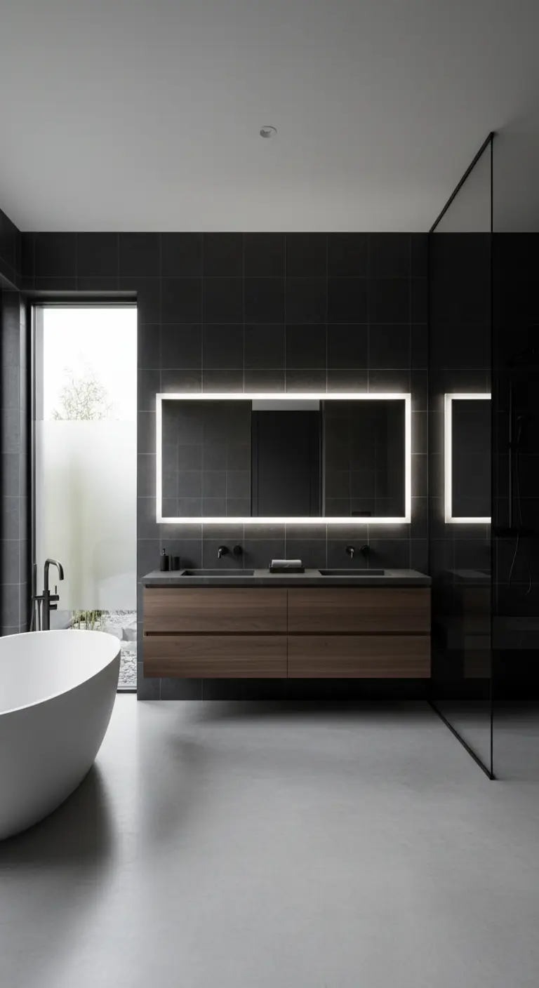 Baño moderno con azulejos oscuros y espejo rectangular retroiluminado sobre un lavabo de madera.