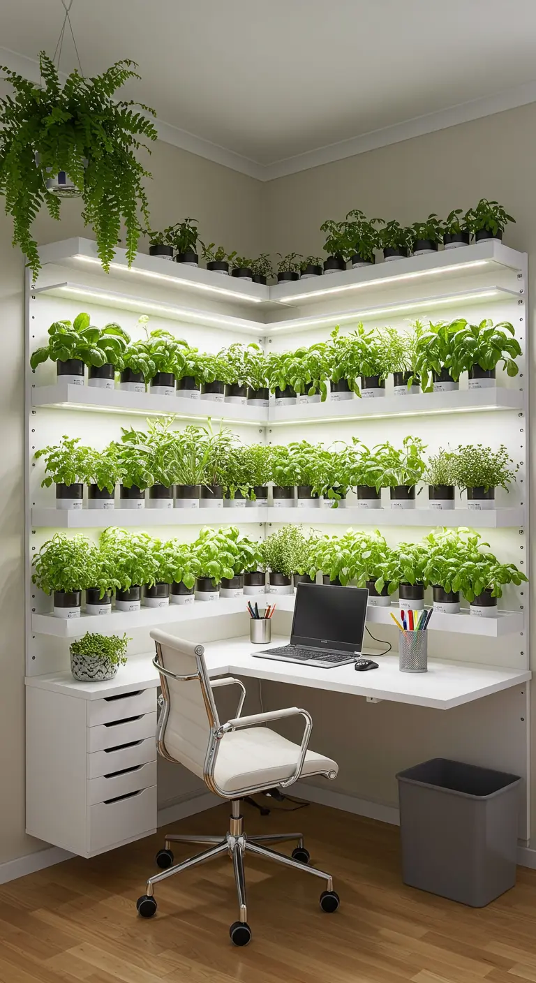 Oficina esquinera con múltiples estanterías llenas de hierbas aromáticas iluminadas por luces de crecimiento.