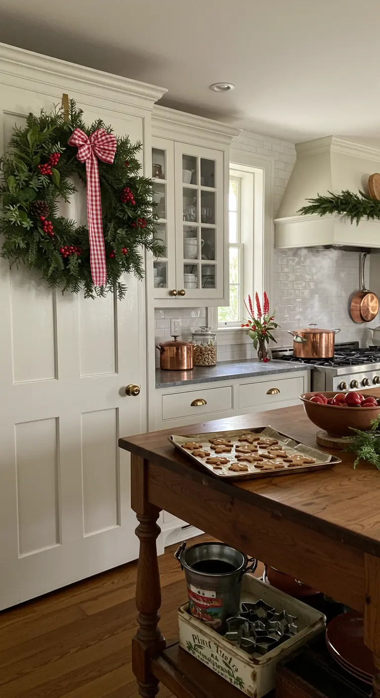 Cocina de estilo rústico con una corona de pino y lazo de cuadros en un armario.