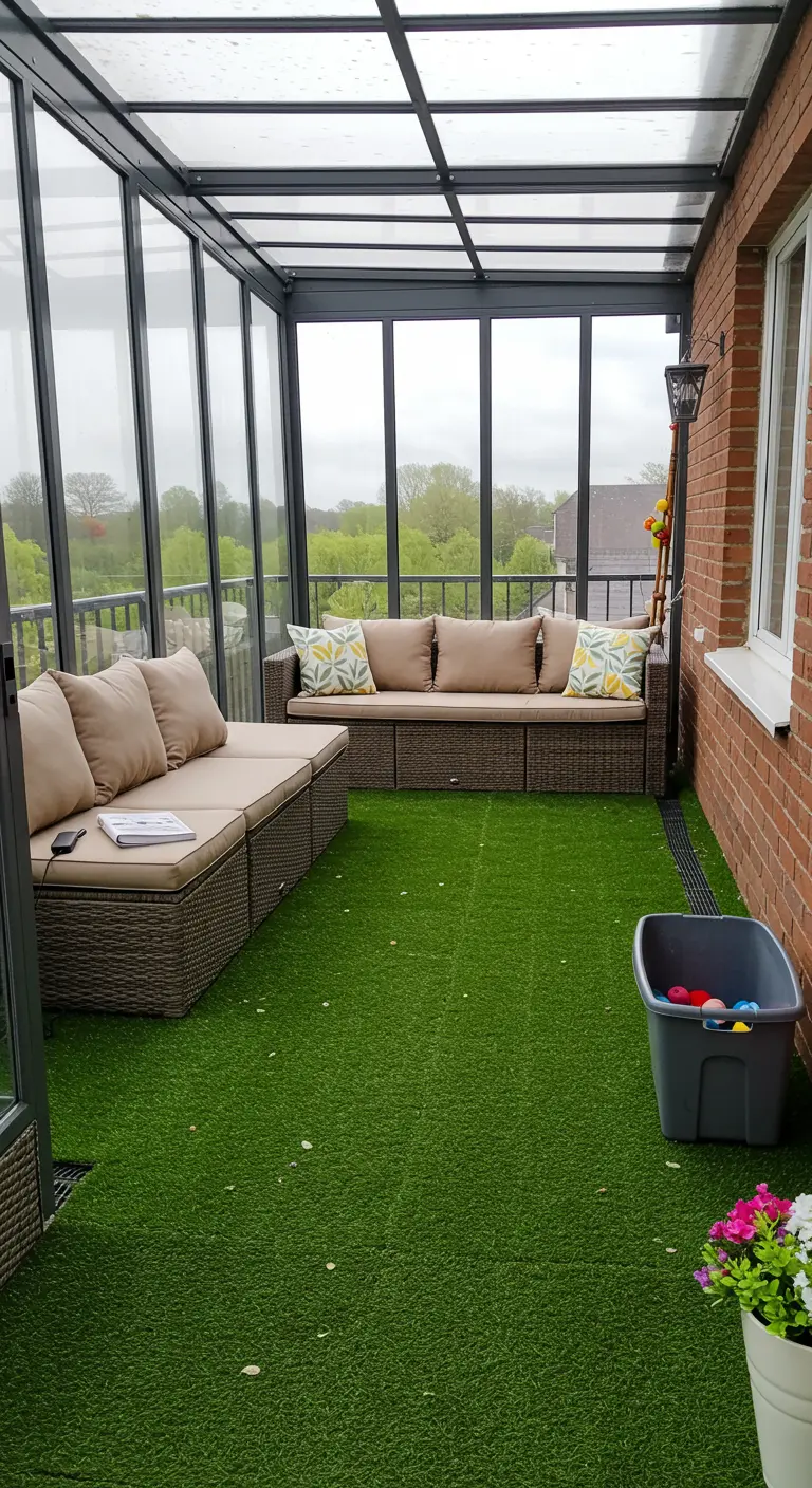 Balcón acristalado y cubierto, completamente cubierto de césped artificial, con sofás de mimbre