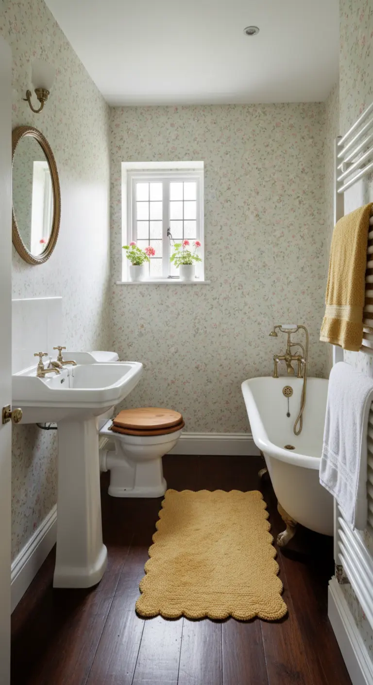 Baño de estilo vintage con papel pintado floral y una alfombra festoneada en color mostaza.