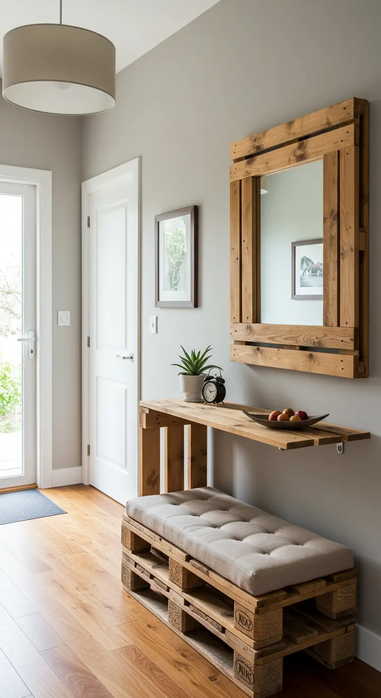 Conjunto de recibidor hecho con palets: banco con cojín, consola flotante y espejo a juego.
