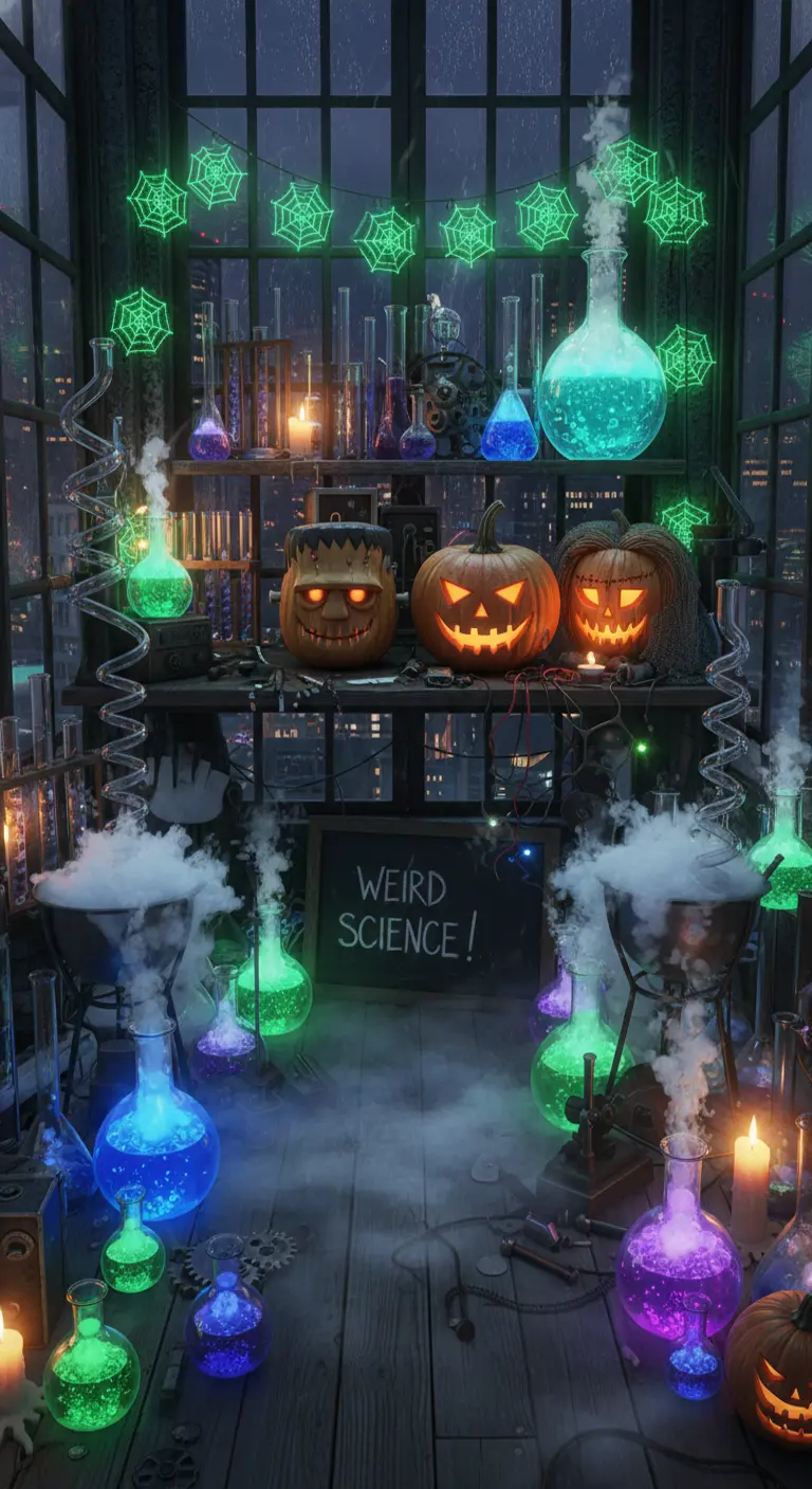 Balcón transformado en laboratorio de científico loco con pociones brillantes y calabazas temáticas.