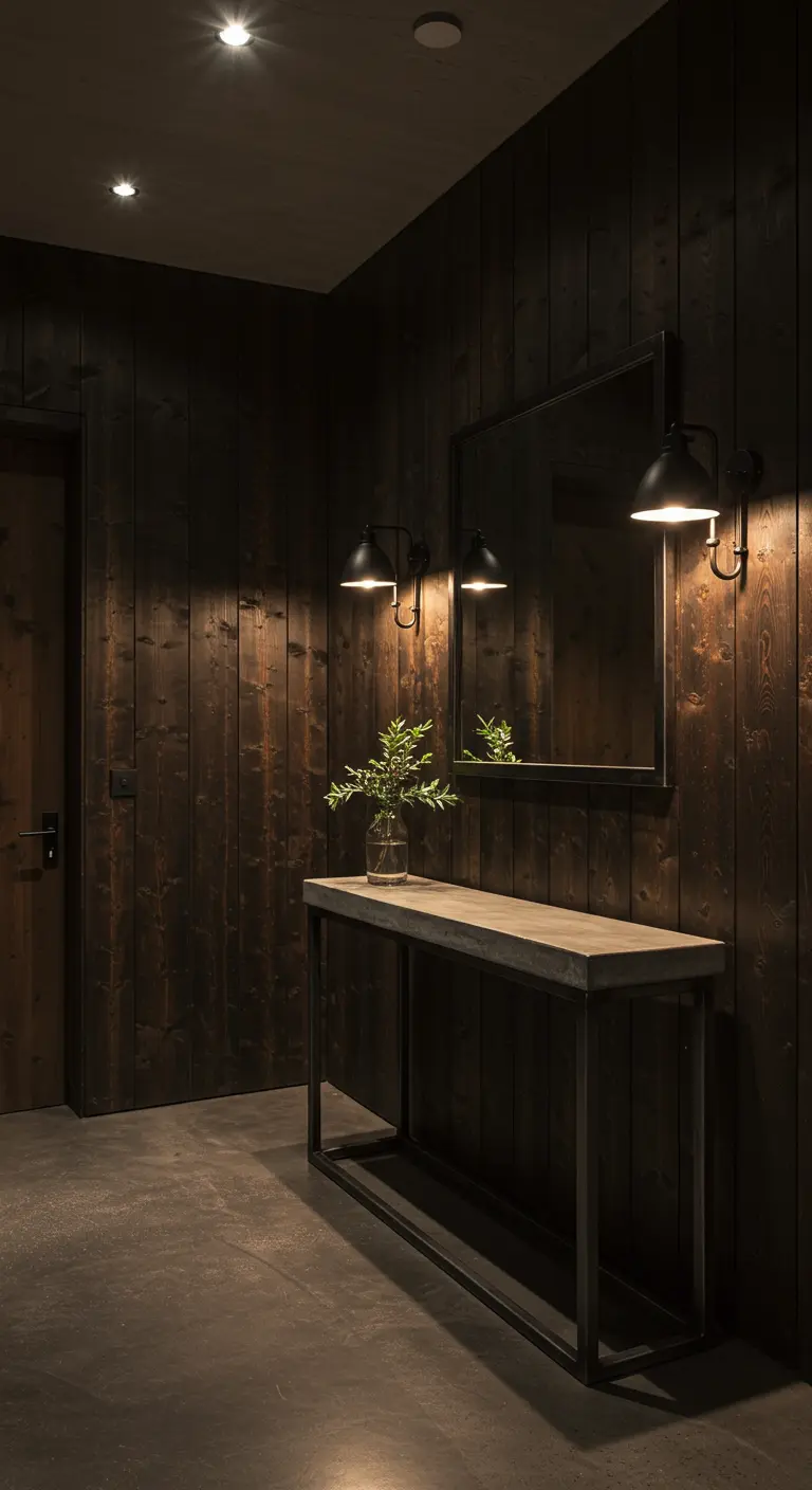 Recibidor oscuro y elegante con paredes de madera teñida de negro y apliques de luz cálida
