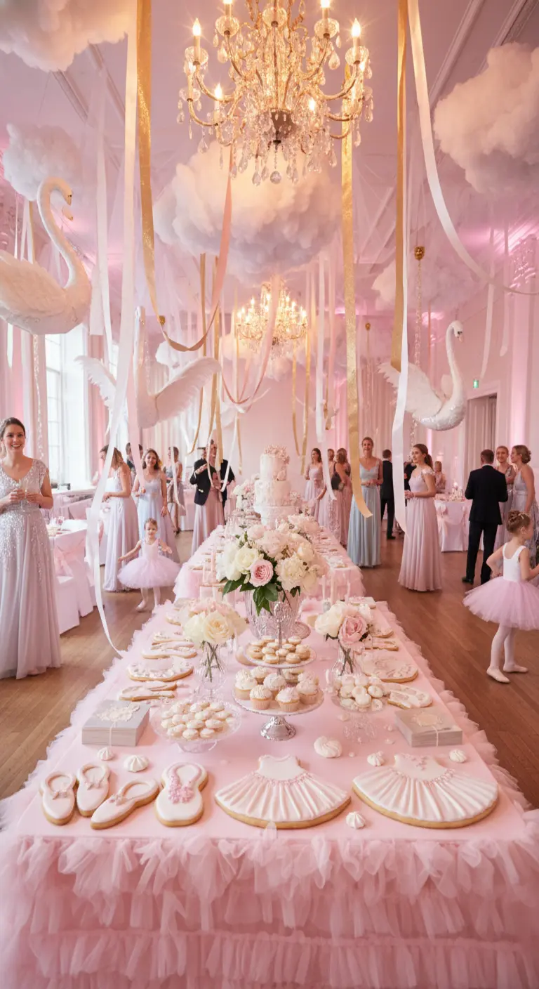 Fiesta de ballet en tonos rosas con cisnes, cintas colgantes y galletas de zapatillas y tutús.