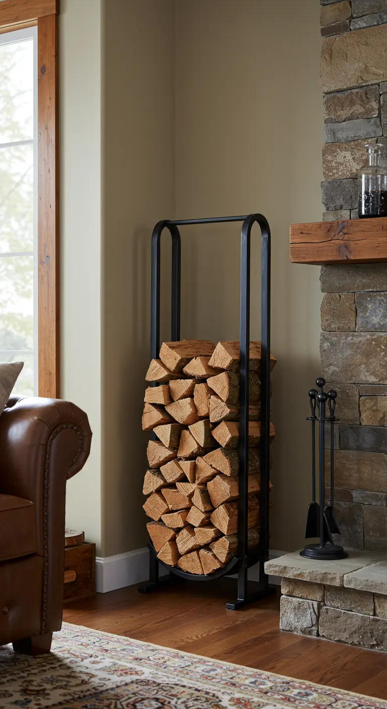 Leñero vertical de metal negro en una esquina junto a una chimenea de piedra, lleno de leña.