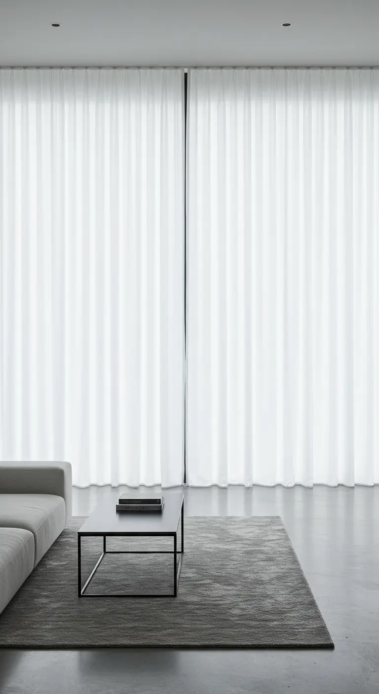 Pared completamente cubierta por cortinas blancas en una sala de estar minimalista.