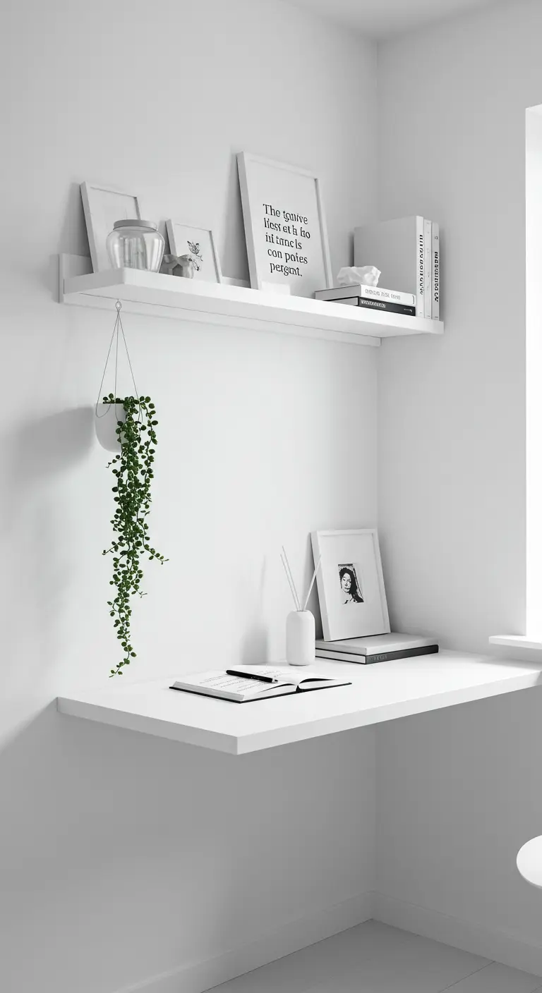 Oficina esquinera totalmente blanca con escritorio y estantería flotantes y una pequeña planta colgante.