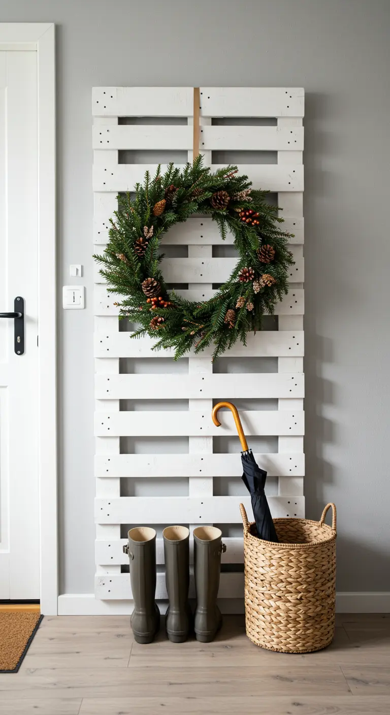 Un palet pintado de blanco apoyado en la pared con una corona de Navidad colgada.