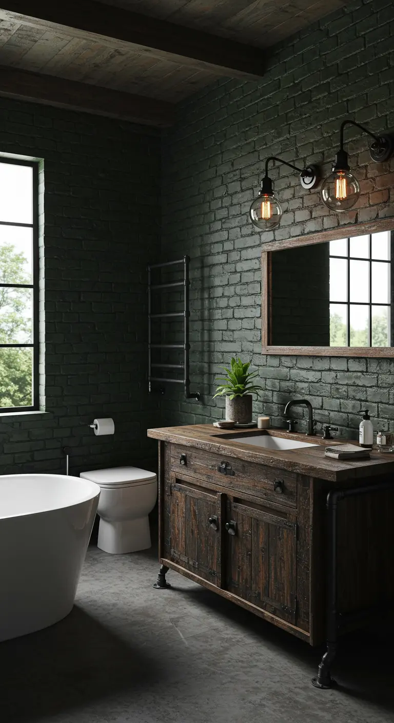 Baño industrial con pared de ladrillo verde, mueble de madera rústica y tuberías vistas.