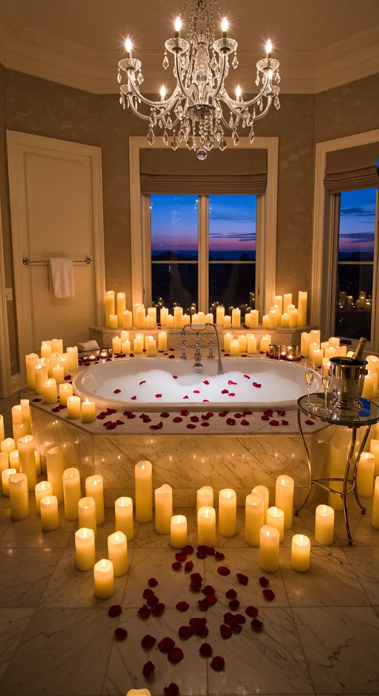 Baño lujoso con una bañera rodeada por docenas de velas encendidas y pétalos de rosa.