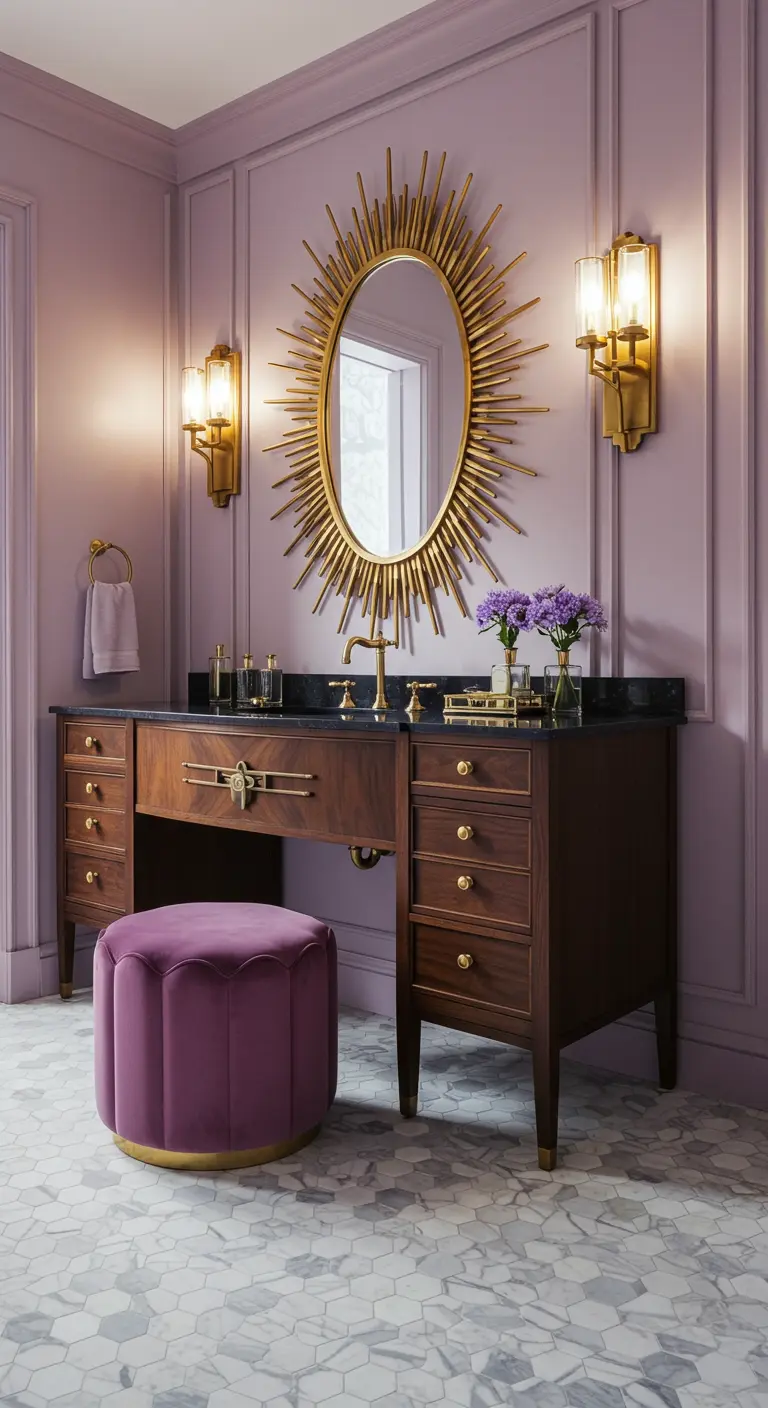 Tocador de baño glamuroso con paredes lavanda, espejo sol dorado y mueble de madera oscura.
