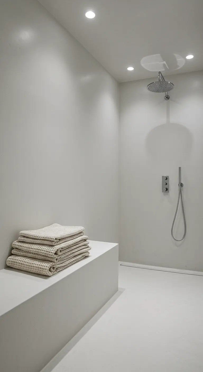 Baño minimalista de microcemento blanco con ducha a ras de suelo y toallas waffle apiladas.
