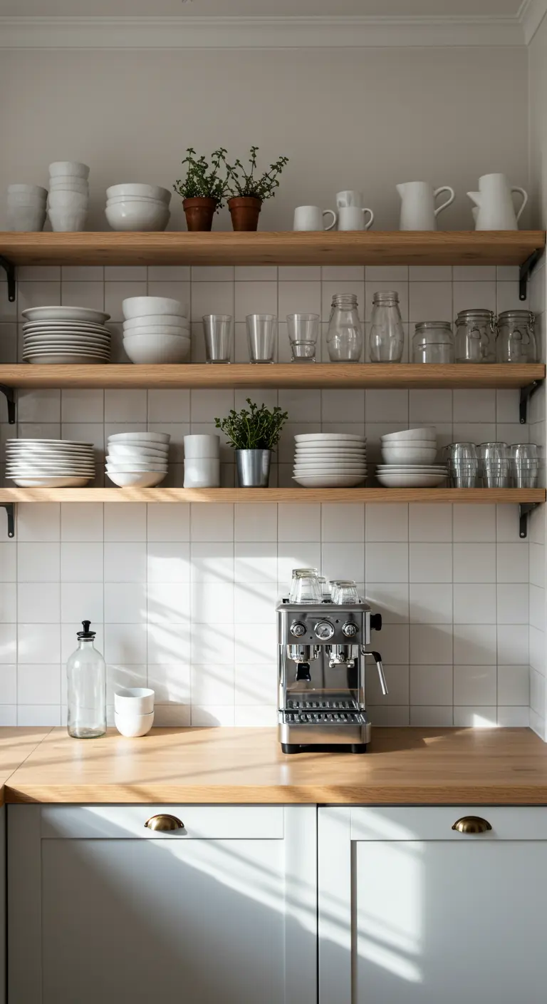 Estantes de madera natural con vajilla blanca y plantas sobre azulejos blancos.