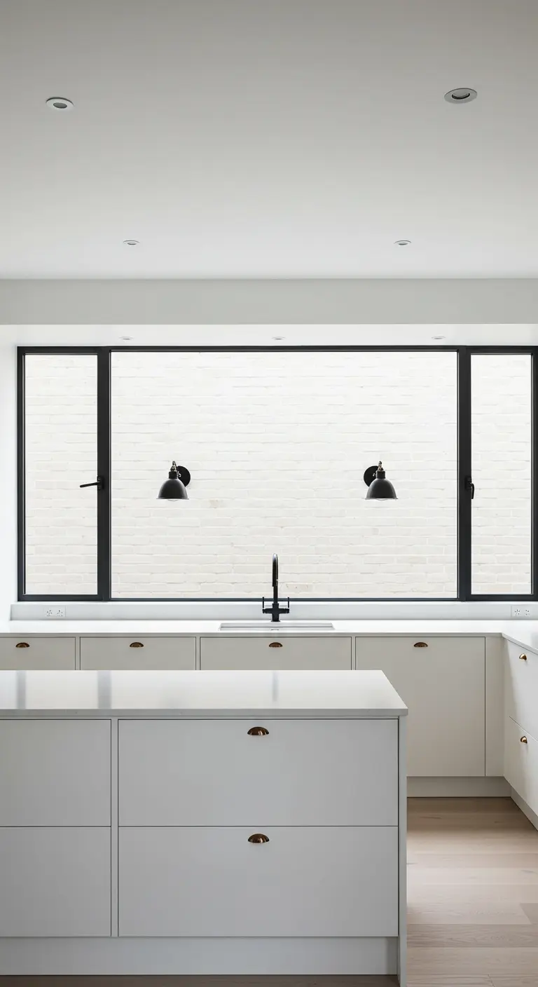 Cocina blanca con un gran ventanal de marco negro y apliques de pared.