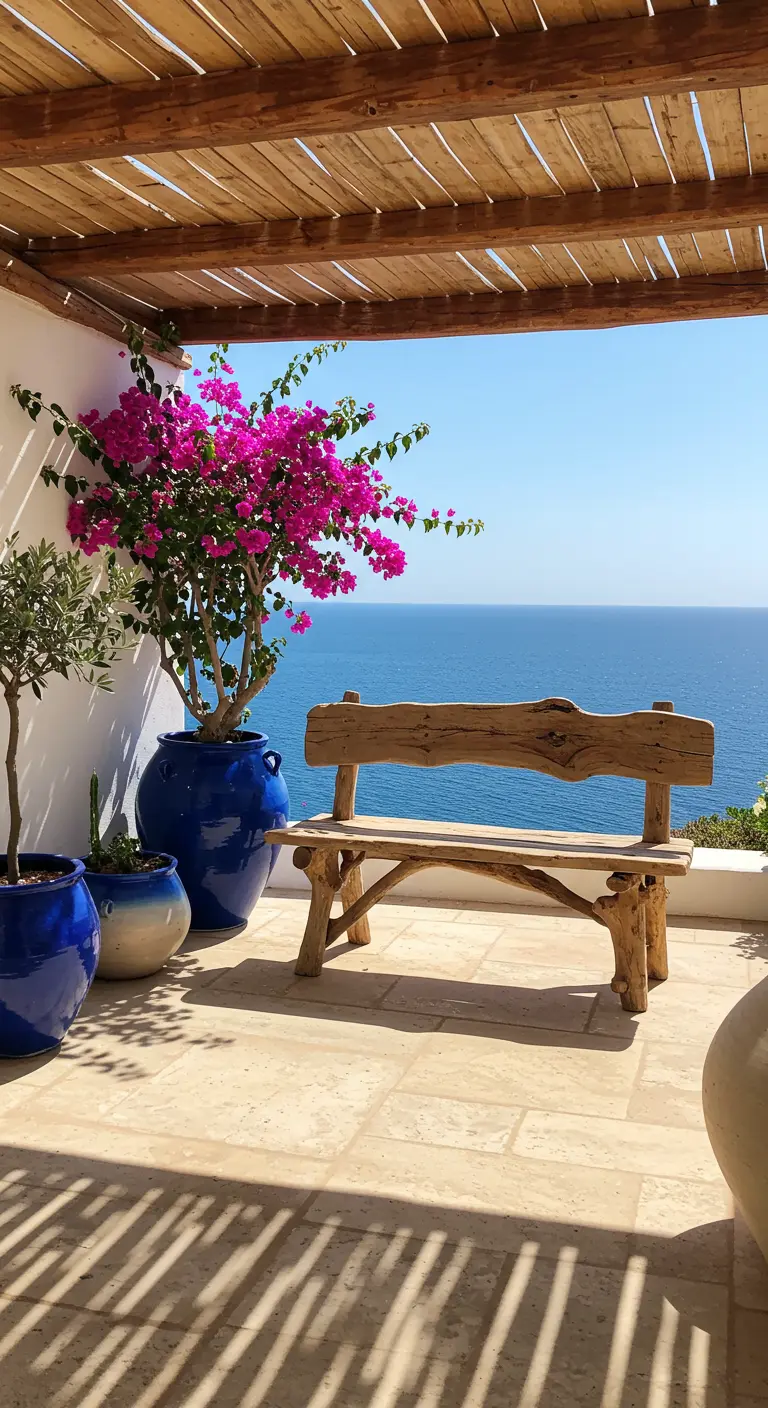 Terraza con vistas al mar, banco de madera rústica y macetas de color azul intenso con buganvillas.