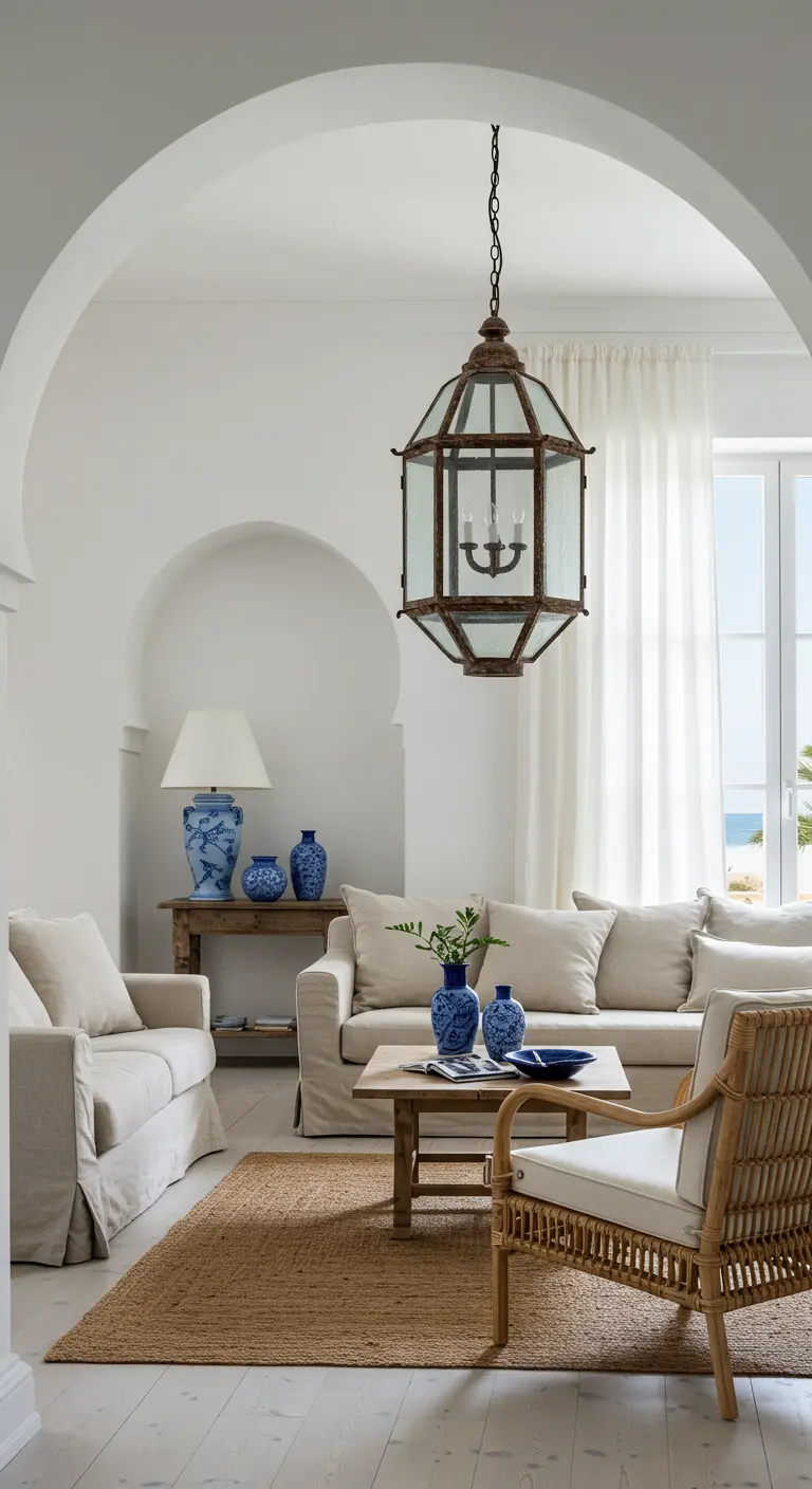 Sala de estar de estilo mediterráneo con paredes blancas, arcos y un farol de cristal y metal