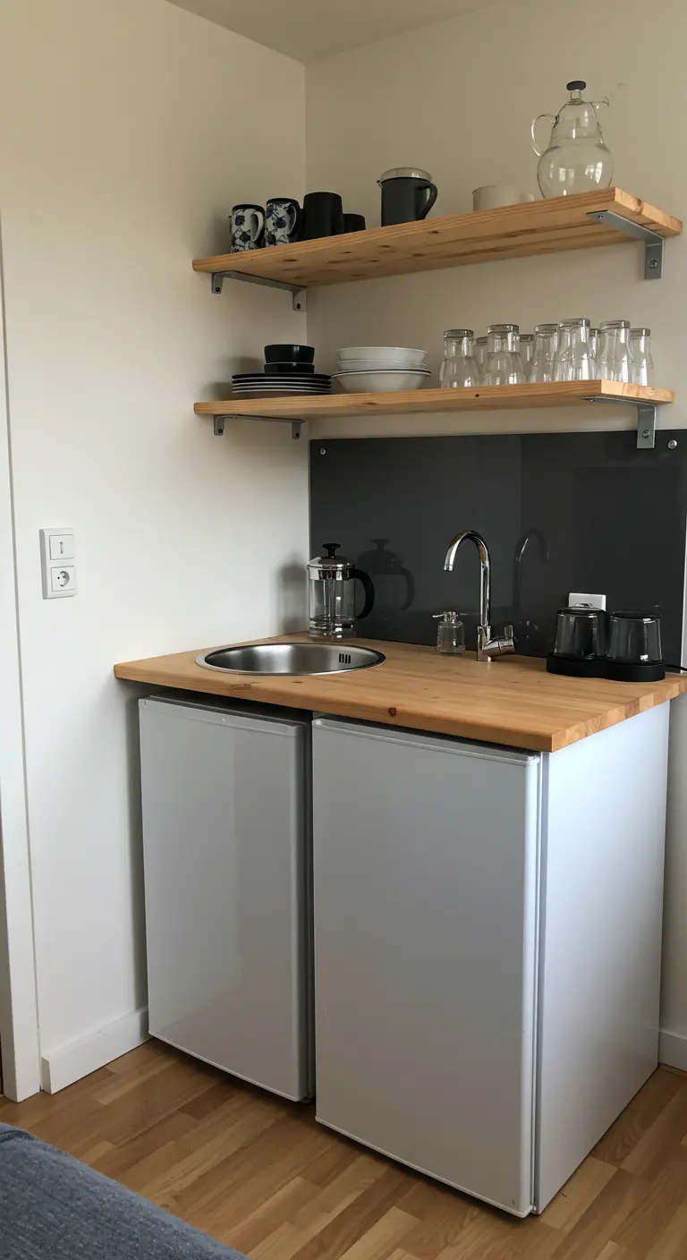 Pequeña cocina con dos estantes de madera sobre una encimera con fregadero y dos mini refrigeradores