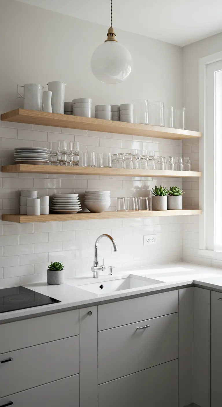 Estanterías flotantes de madera clara con vajilla blanca y cristal en una cocina luminosa y minimalista