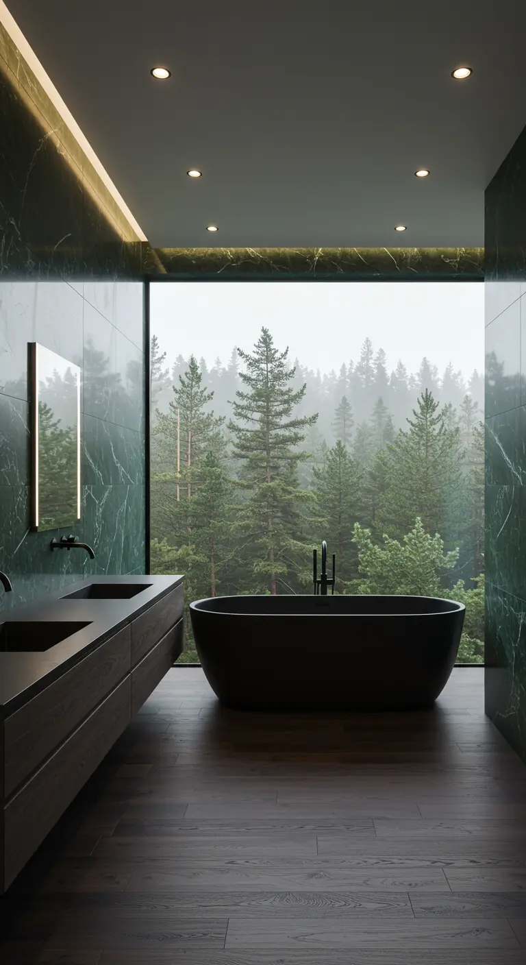 Baño moderno con pared de mármol verde, ventanal al bosque y bañera negra exenta.