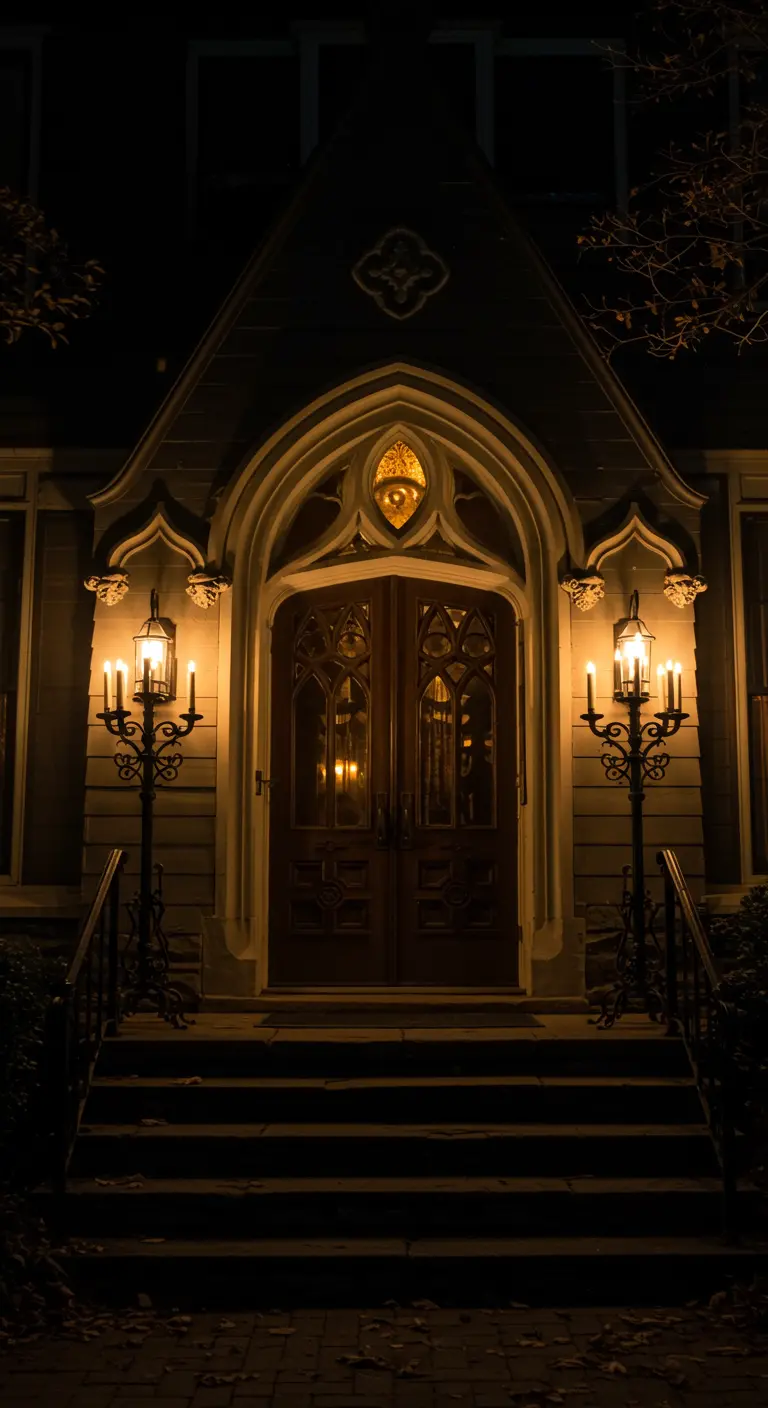 Entrada de estilo gótico con una puerta de madera oscura y dos candelabros de hierro forjado.