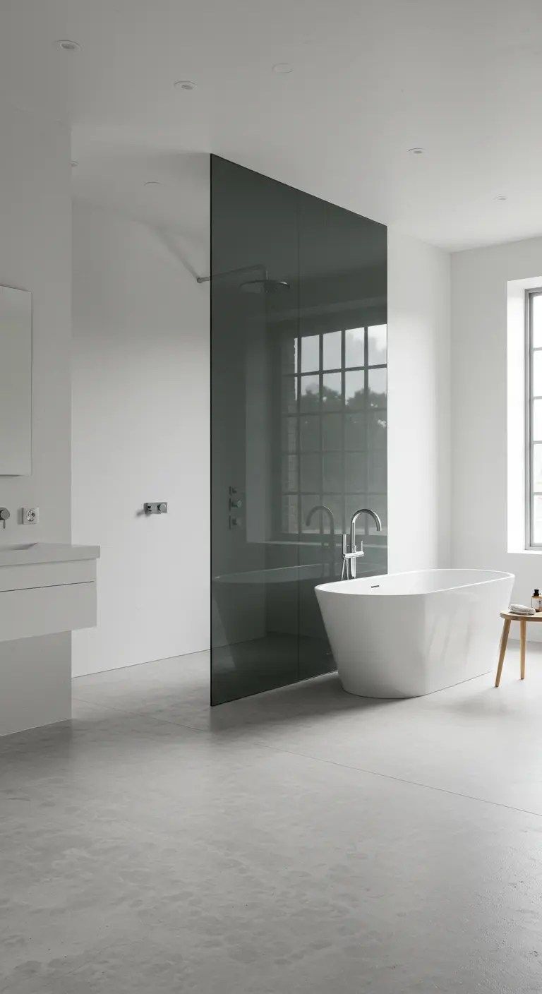 Baño moderno y espacioso con una mampara de cristal ahumado que separa la bañera.