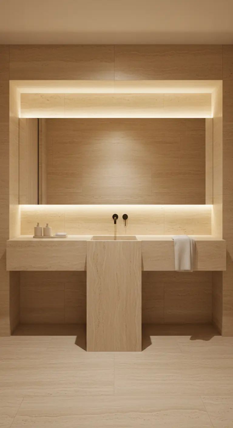 Baño de mármol travertino con un gran espejo empotrado e iluminación LED indirecta.