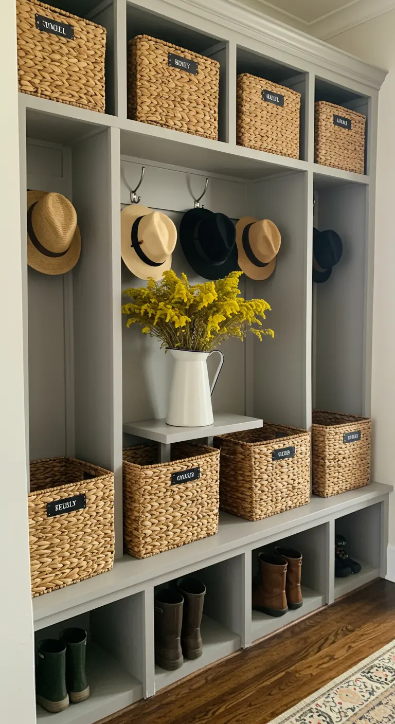 Mueble organizador de recibidor con cubículos, cestas de mimbre etiquetadas y ganchos.